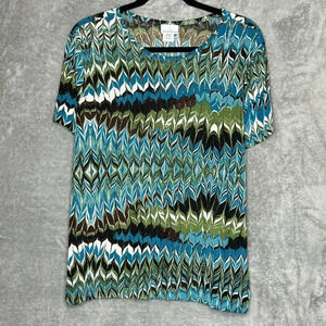 Jaclyn Smith XL Shirt Top Blue Green Geometric Short Sleeve Scoop Neck Stretch